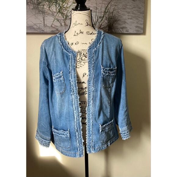 Chico's Platinum Denim women's fringe trim medium wash coat/jacket, sz 2 (large) - Picture 1 of 8